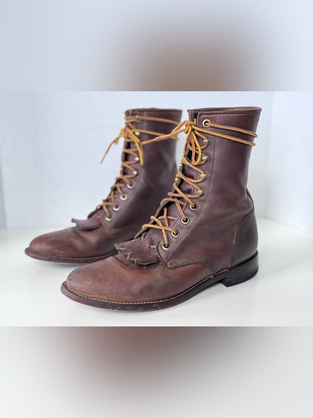 Justin Brown Leather Granny Lace up Kiltie Roper Western Cowgirl Boots Women 6.5